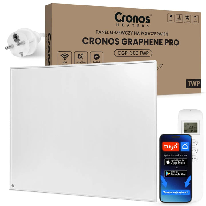 Pannello riscaldante a infrarossi Cronos Graphene, potenza 300 W, colore bianco, riscalda ambienti fino a 8 m², telecomando, PRO CGP-300TWP