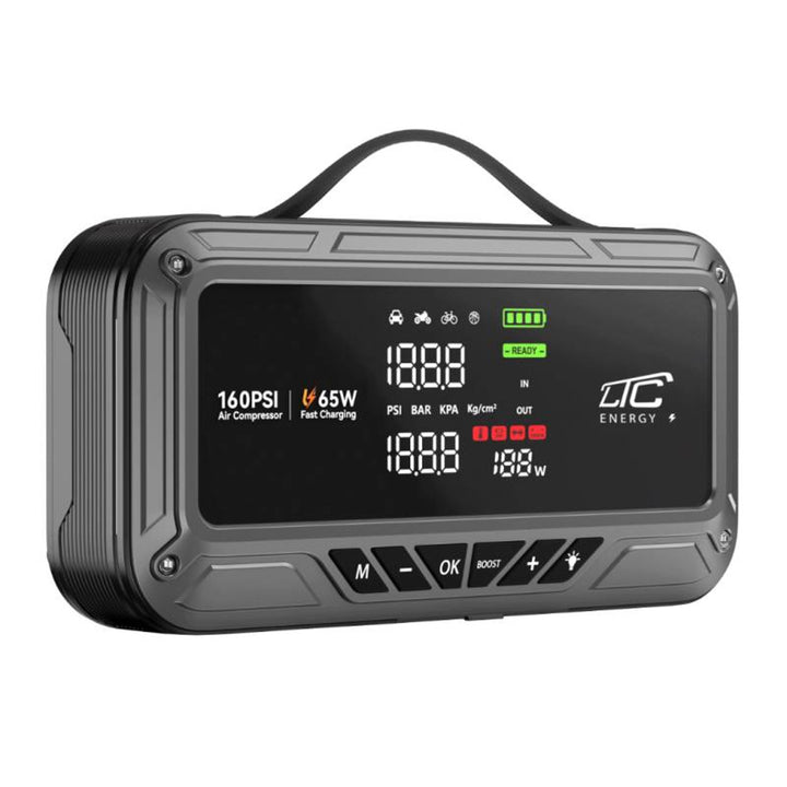 Jump Starter LTC, 12.000 mAh, con compressore, torcia e powerbank, display LCD, potenza 65 W, cavi e custodia inclusi, LXJS120