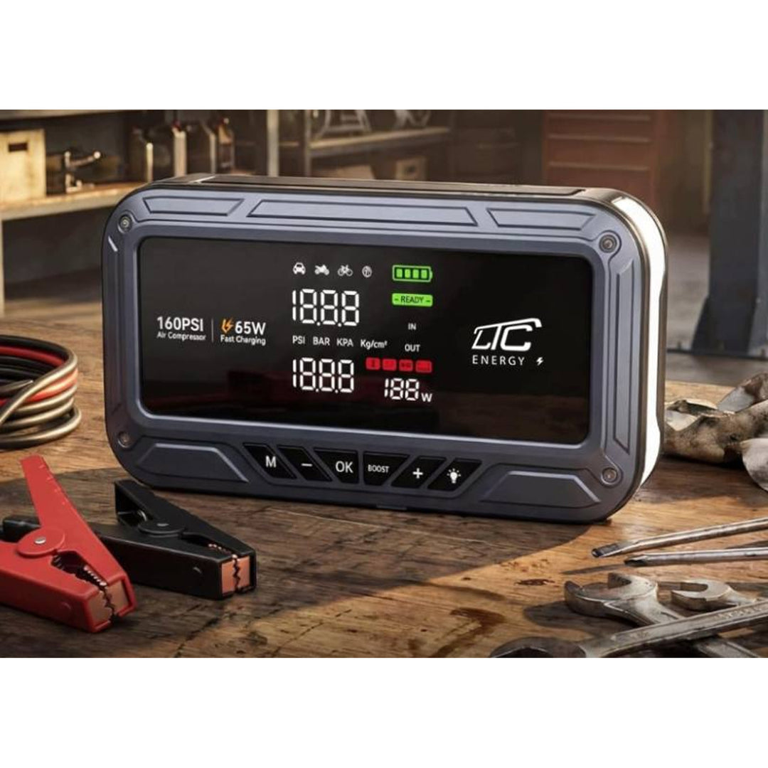 Jump Starter LTC, 12.000 mAh, con compressore, torcia e powerbank, display LCD, potenza 65 W, cavi e custodia inclusi, LXJS120