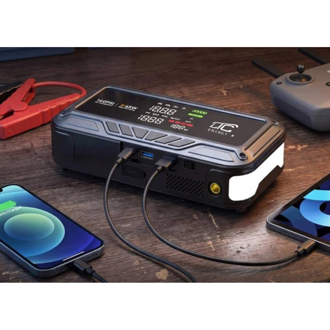 Jump Starter LTC, 12.000 mAh, con compressore, torcia e powerbank, display LCD, potenza 65 W, cavi e custodia inclusi, LXJS120