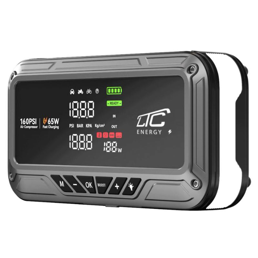 Jump Starter LTC, 12.000 mAh, con compressore, torcia e powerbank, display LCD, potenza 65 W, cavi e custodia inclusi, LXJS120