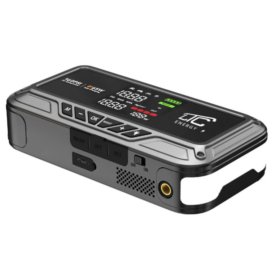 Jump Starter LTC, 12.000 mAh, con compressore, torcia e powerbank, display LCD, potenza 65 W, cavi e custodia inclusi, LXJS120