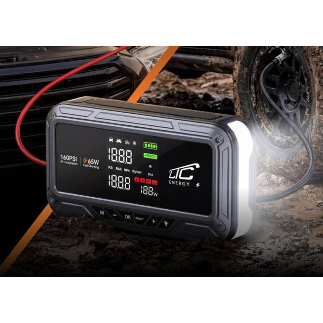 Jump Starter LTC, 12.000 mAh, con compressore, torcia e powerbank, display LCD, potenza 65 W, cavi e custodia inclusi, LXJS120