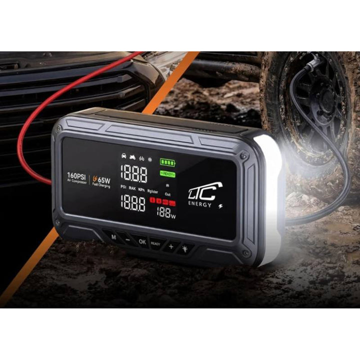 Jump Starter LTC, 12.000 mAh, con compressore, torcia e powerbank, display LCD, potenza 65 W, cavi e custodia inclusi, LXJS120