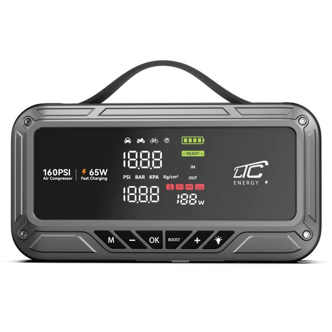 Jump Starter LTC, 12.000 mAh, con compressore, torcia e powerbank, display LCD, potenza 65 W, cavi e custodia inclusi, LXJS120