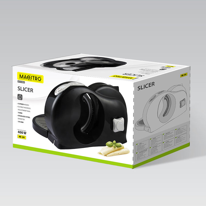 Affettatrice Maestro, potenza 400 W, regolazione da 0 a 15 mm, lama in acciaio inossidabile, tre velocità di taglio, pressacibo e vassoio inclusi, MR-591