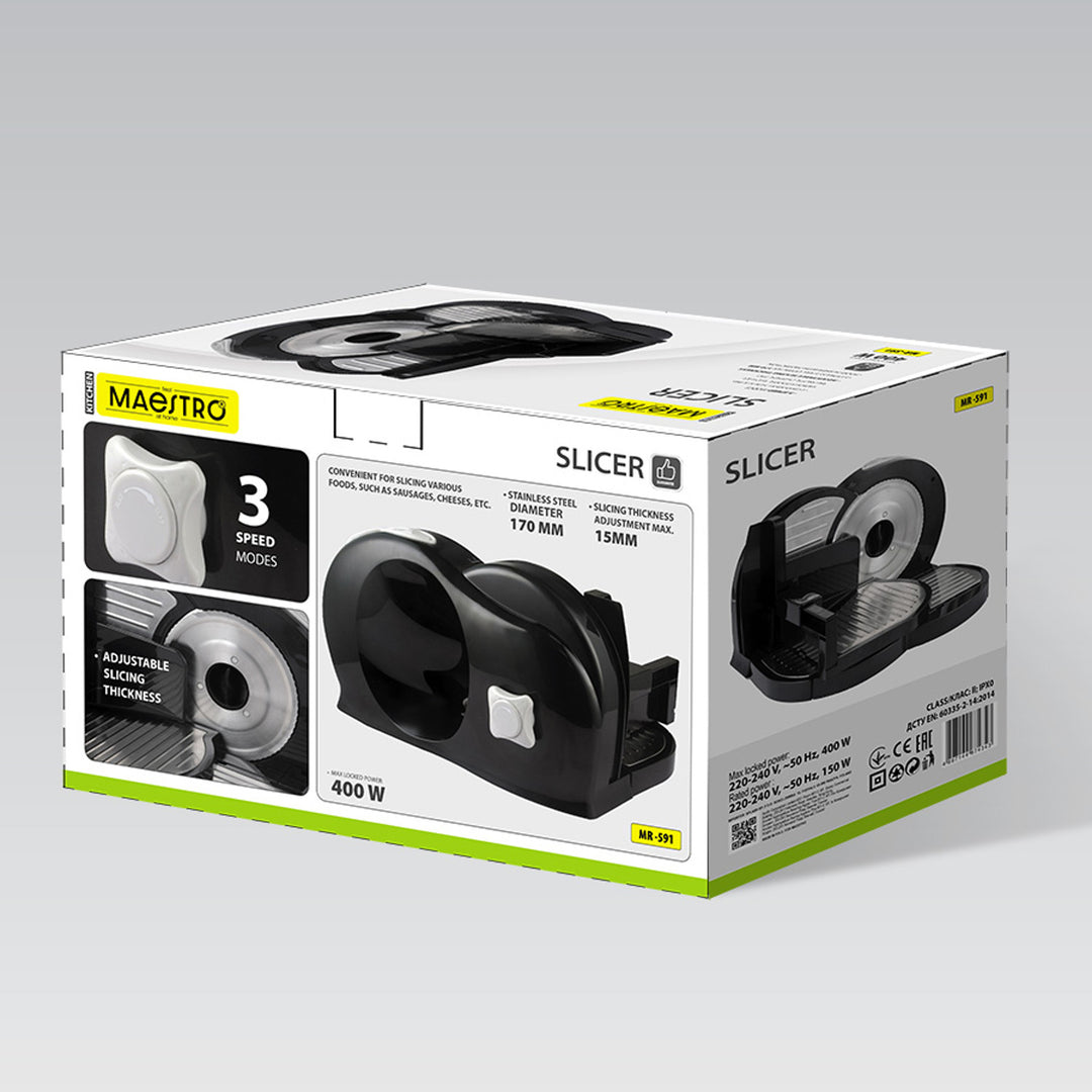 Affettatrice Maestro, potenza 400 W, regolazione da 0 a 15 mm, lama in acciaio inossidabile, tre velocità di taglio, pressacibo e vassoio inclusi, MR-591
