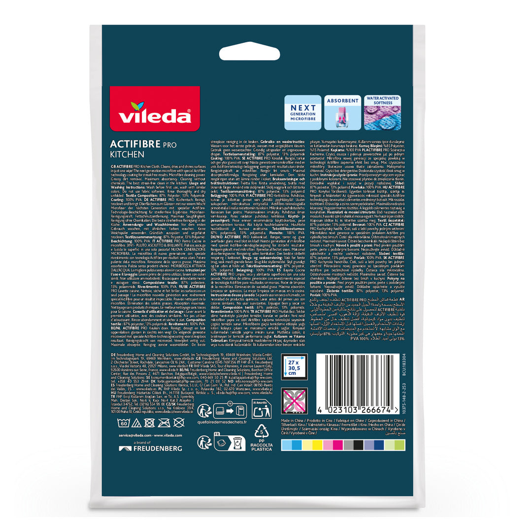 Panno da cucina Vileda Actifibre Pro, 1 pezzo, in microfibra, rivestimento in PVA, lavabile fino a 60 °C, 183303