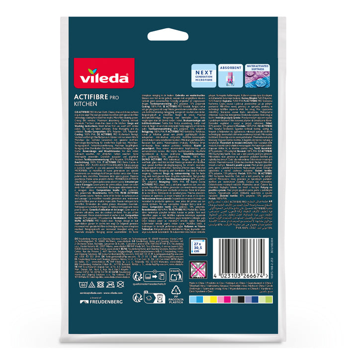 Panno da cucina Vileda Actifibre Pro, 1 pezzo, in microfibra, rivestimento in PVA, lavabile fino a 60 °C, 183303