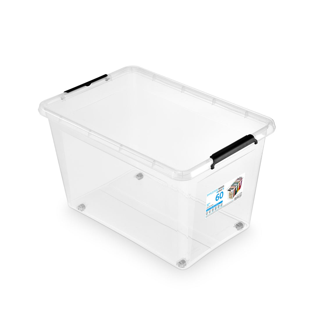 Contenitore Moxom SimpleStore, capacità 60 L, trasparente, coperchio con chiusura a clip, dotato di rotelle, privo di BPA, 04-0081