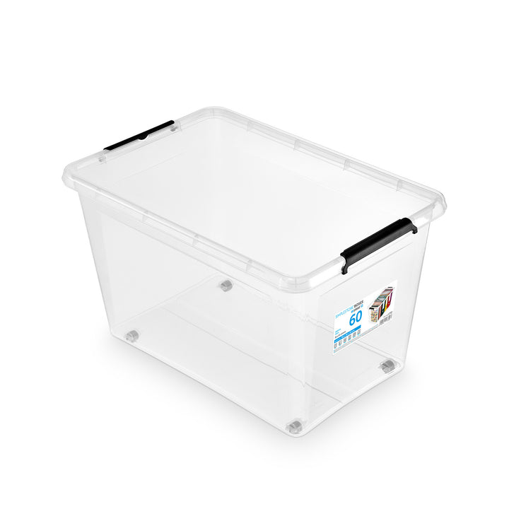 Contenitore Moxom SimpleStore, capacità 60 L, trasparente, coperchio con chiusura a clip, dotato di rotelle, privo di BPA, 04-0081