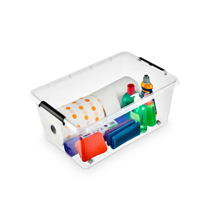 Contenitore Moxom SimpleStore, capacità 40 L, trasparente, coperchio a clip, dotato di rotelle, senza BPA, 04-0076