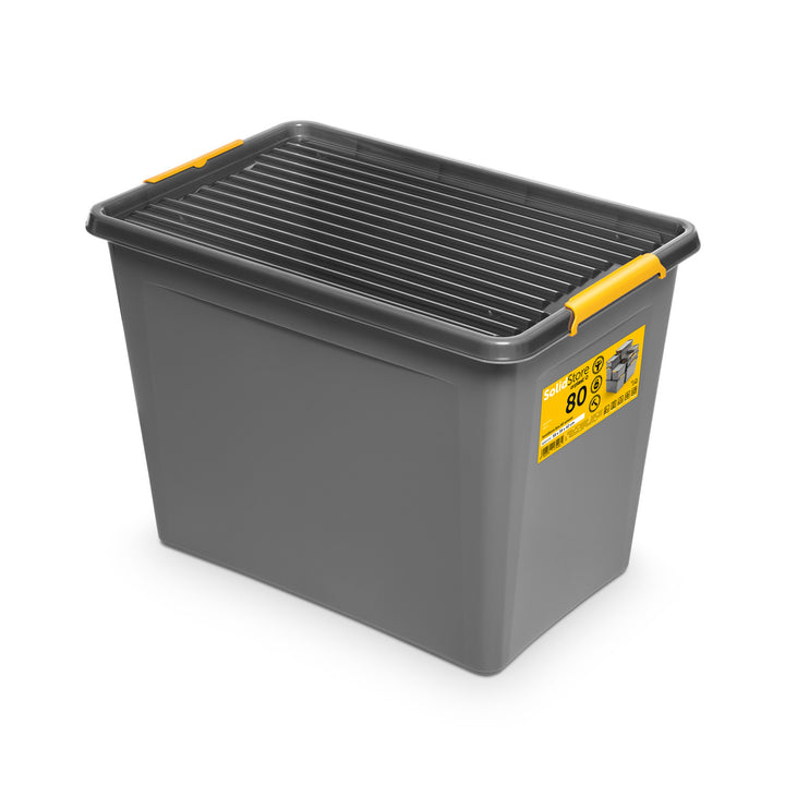 Contenitore Moxom SolidStore, capacità 80 L, grigio, coperchio a clip, dotato di rotelle, senza BPA, 04-0217