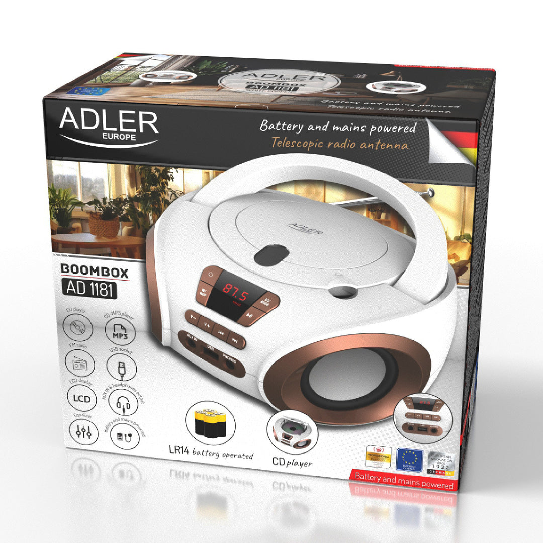 Radio Boombox CD-MP3, USB, radio FM, AUX, presa per cuffie, Adler, AD 1181