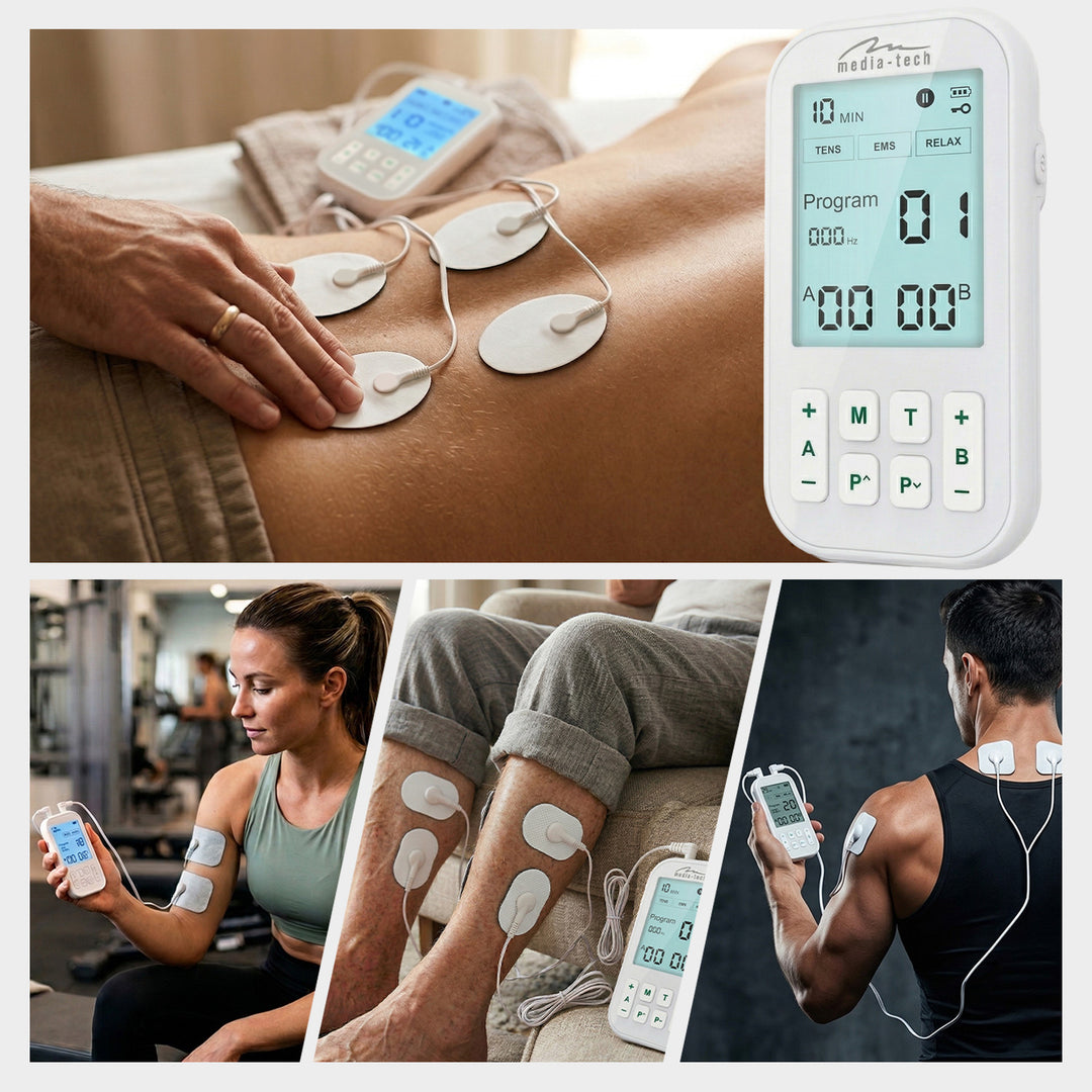 Massaggiatore ed elettrostimolatore muscolare, TENS/EMS, stimolazione 3 in 1, Mediatech, MT6543