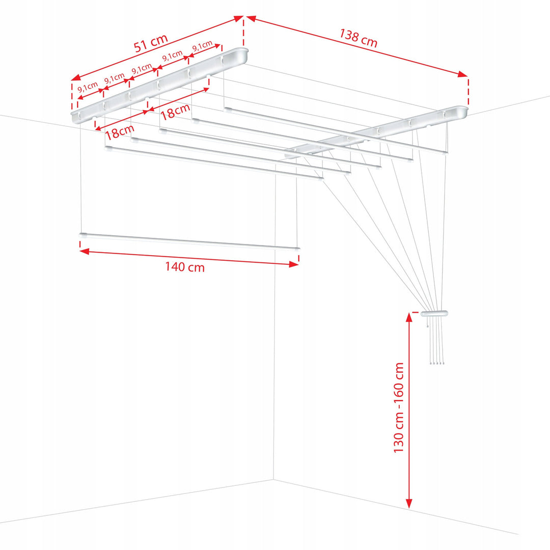 Stendibiancheria da soffitto a 6 barre, 140 cm, superficie di asciugatura 8,4 m, Sepio