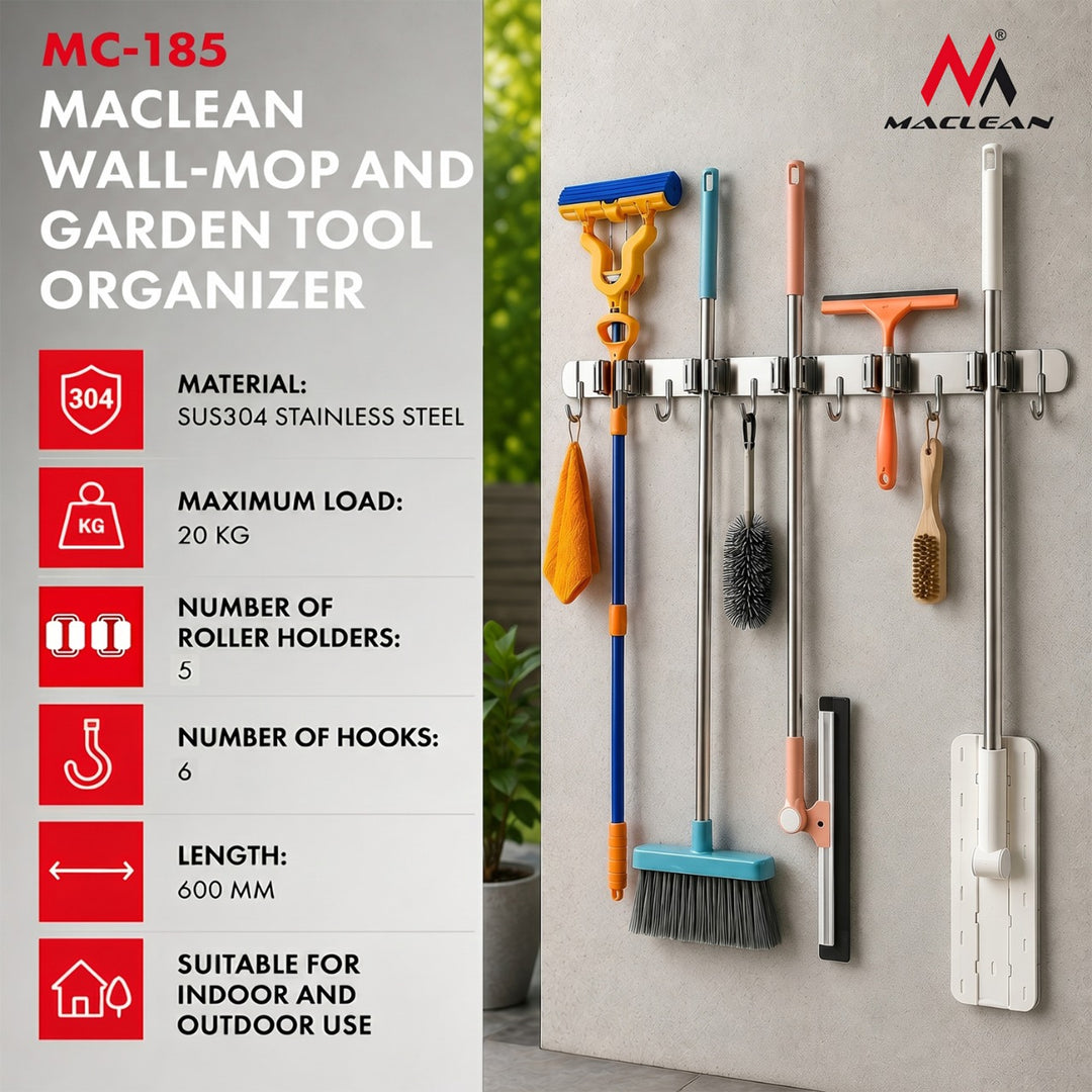 Organizer da parete per attrezzi da giardino e mop Maclean, in acciaio, con ganci, carico massimo 20 kg, larghezza 60 cm, MC-185, 2 pezzi