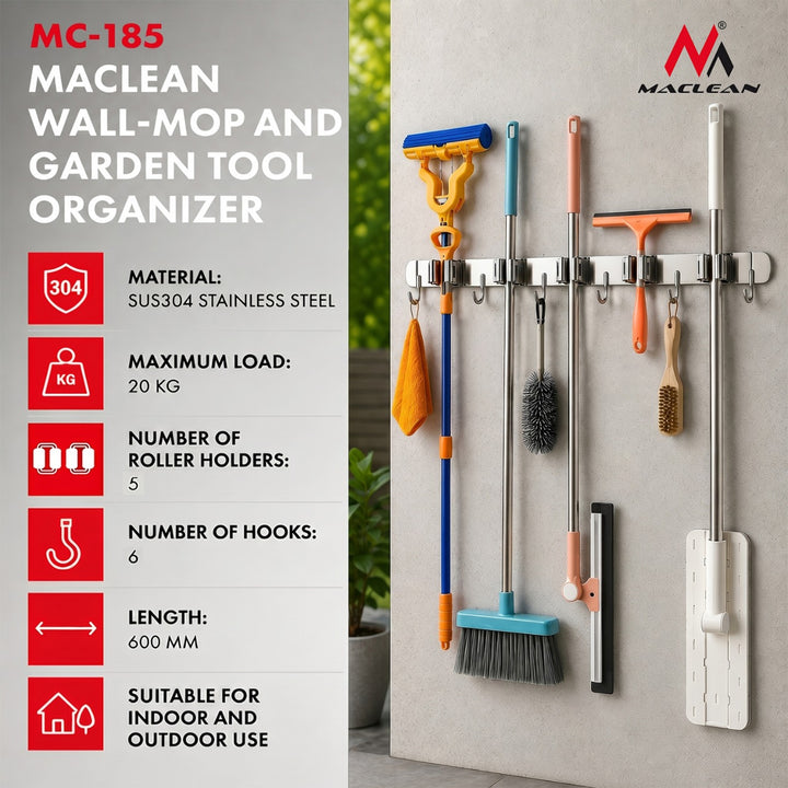 Organizer da parete per attrezzi da giardino e mop Maclean, in acciaio, con ganci, carico massimo 20 kg, larghezza 60 cm, MC-185, 2 pezzi