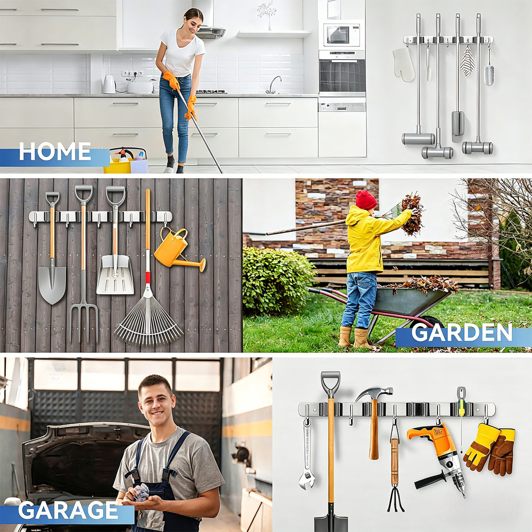 Organizer da parete per attrezzi da giardino e mop Maclean, in acciaio, con ganci, carico massimo 20 kg, larghezza 49 cm, MC-184, 2 pezzi