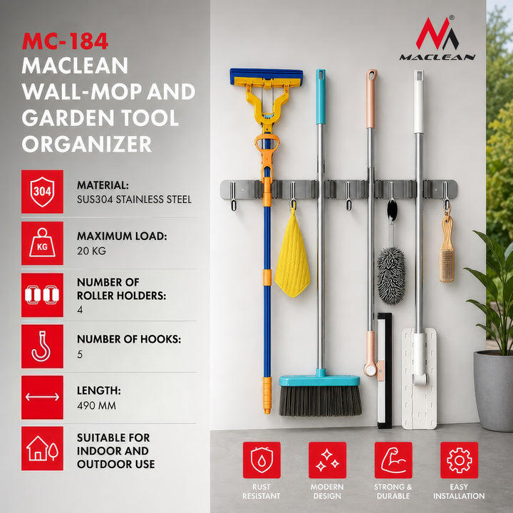Organizer da parete per attrezzi da giardino e mop Maclean, in acciaio, con ganci, carico massimo 20 kg, larghezza 49 cm, MC-184, 2 pezzi
