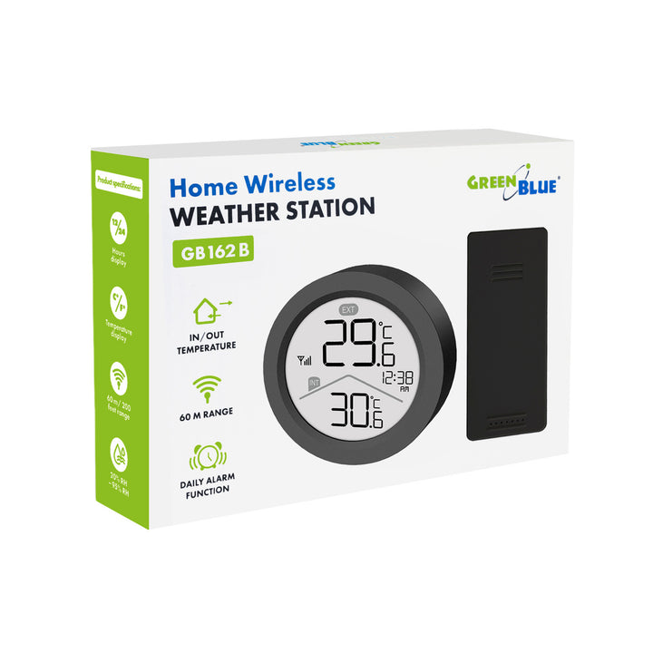 Stazione meteorologica wireless GreenBlue, temperatura interna/esterna, orologio, scelta tra °C e °F, portata fino a 60 m, nera, GB162 B + 4 batterie alcaline AAA Varta Industrial