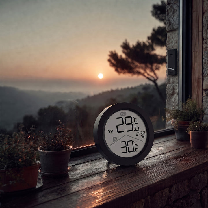 Stazione meteorologica wireless GreenBlue, temperatura interna/esterna, orologio, scelta tra °C e °F, portata fino a 60 m, nera, GB162 B + 4 batterie alcaline AAA Varta Industrial