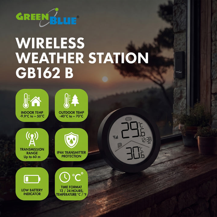 Stazione meteorologica wireless GreenBlue, temperatura interna/esterna, orologio, scelta tra °C e °F, portata fino a 60 m, nera, GB162 B + 4 batterie alcaline AAA Varta Industrial