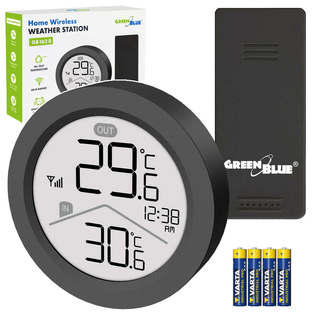 Stazione meteorologica wireless GreenBlue, temperatura interna/esterna, orologio, scelta tra °C e °F, portata fino a 60 m, nera, GB162 B + 4 batterie alcaline AAA Varta Industrial