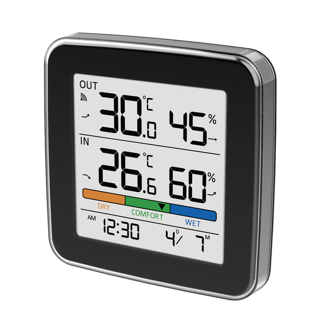 Stazione meteorologica wireless GreenBlue, temperatura + umidità interna/esterna, orologio + sveglia + data, °C / °F, fino a 60 m, nera, GB169 B + 4 batterie alcaline AAA Varta Industrial