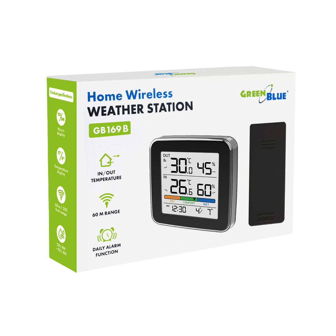Stazione meteorologica wireless GreenBlue, temperatura + umidità interna/esterna, orologio + sveglia + data, °C / °F, fino a 60 m, nera, GB169 B + 4 batterie alcaline AAA Varta Industrial