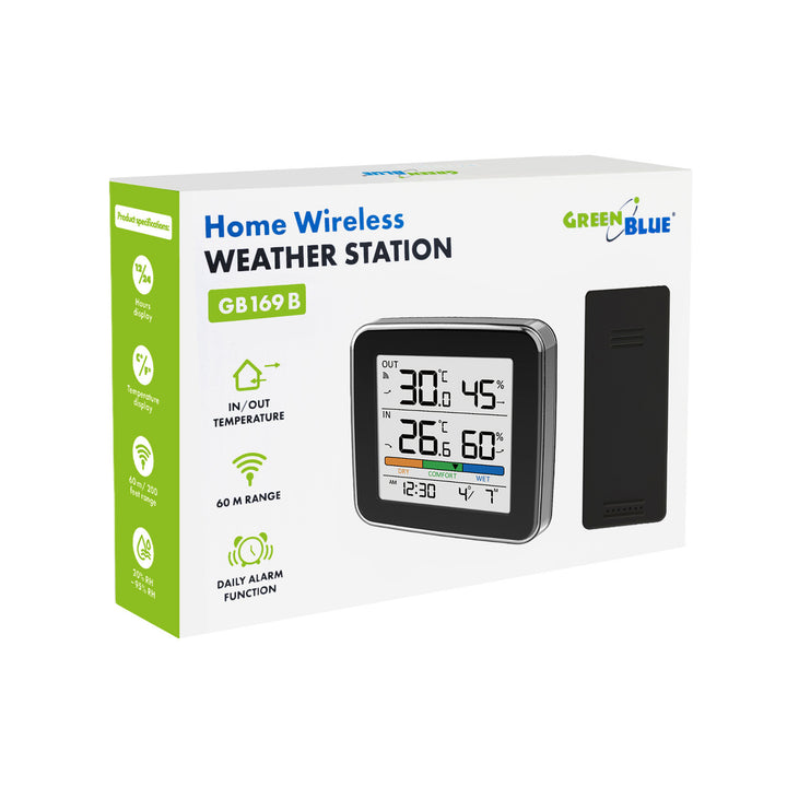 Stazione meteorologica wireless GreenBlue, temperatura + umidità interna/esterna, orologio + sveglia + data, °C / °F, fino a 60 m, nera, GB169 B + 4 batterie alcaline AAA Varta Industrial