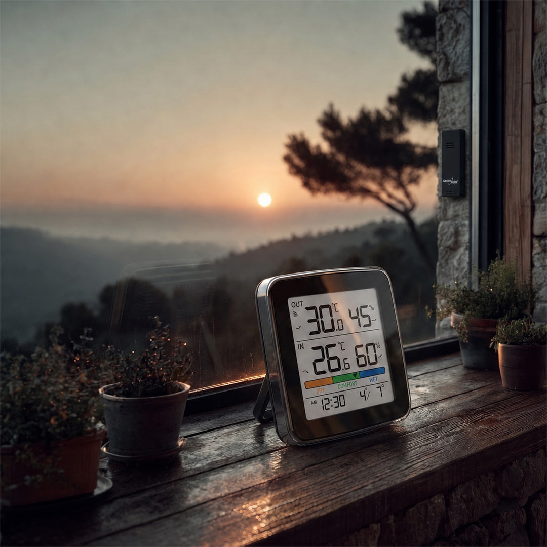 Stazione meteorologica wireless GreenBlue, temperatura + umidità interna/esterna, orologio + sveglia + data, °C / °F, fino a 60 m, nera, GB169 B + 4 batterie alcaline AAA Varta Industrial