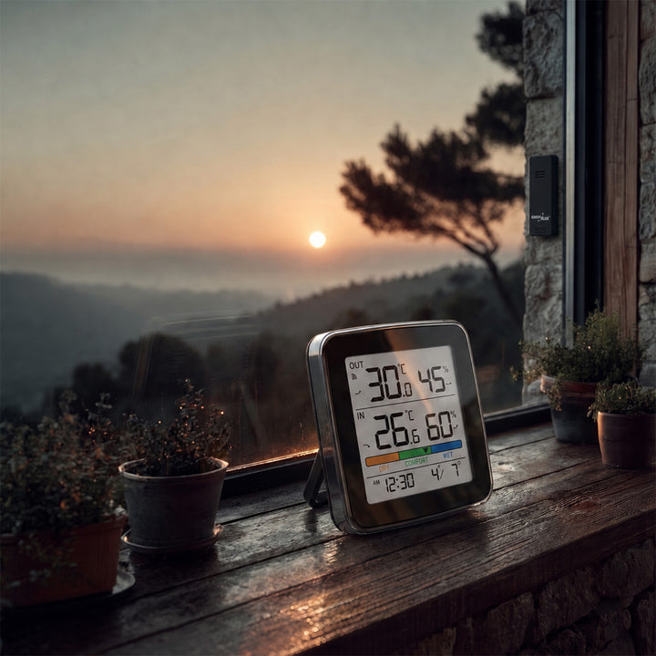 Stazione meteorologica wireless GreenBlue, temperatura + umidità interna/esterna, orologio + sveglia + data, °C / °F, fino a 60 m, nera, GB169 B + 4 batterie alcaline AAA Varta Industrial