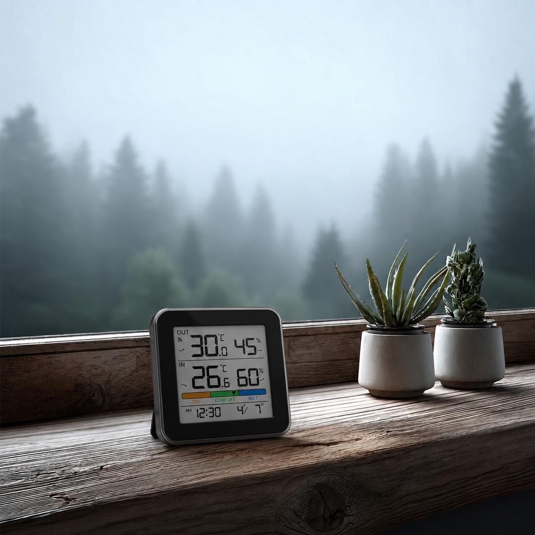 Stazione meteorologica wireless GreenBlue, temperatura + umidità interna/esterna, orologio + sveglia + data, °C / °F, fino a 60 m, nera, GB169 B + 4 batterie alcaline AAA Varta Industrial