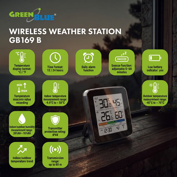 Stazione meteorologica wireless GreenBlue, temperatura + umidità interna/esterna, orologio + sveglia + data, °C / °F, fino a 60 m, nera, GB169 B + 4 batterie alcaline AAA Varta Industrial