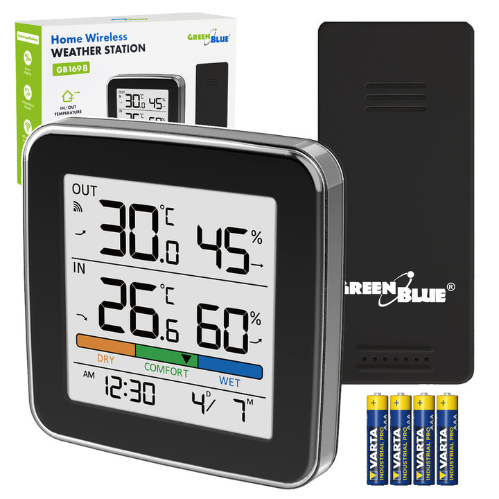 Stazione meteorologica wireless GreenBlue, temperatura + umidità interna/esterna, orologio + sveglia + data, °C / °F, fino a 60 m, nera, GB169 B + 4 batterie alcaline AAA Varta Industrial