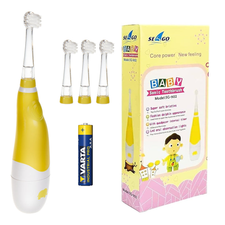 Spazzolino sonico per bambini SEAGO, colore giallo, 4 testine, SG-902 Yellow + batteria alcalina AAA Varta Industrial