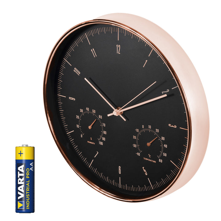 Orologio da parete dorato da 12'' (30 cm) con termometro e igrometro CE70 G + batteria alcalina R-06 LR6 AA da 1,5 V Varta Industrial