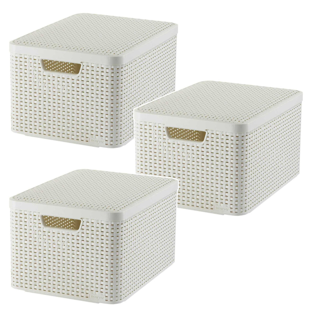 Cestino Curver, universale, con coperchio, color crema, Rattan Style L, 3 pezzi