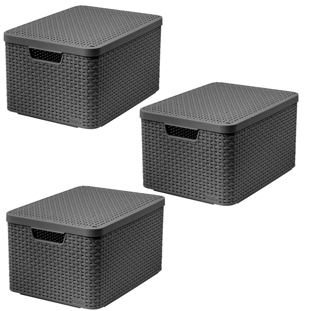 Cestino Curver, universale, con coperchio, grigio, Rattan Style L, 3 pezzi