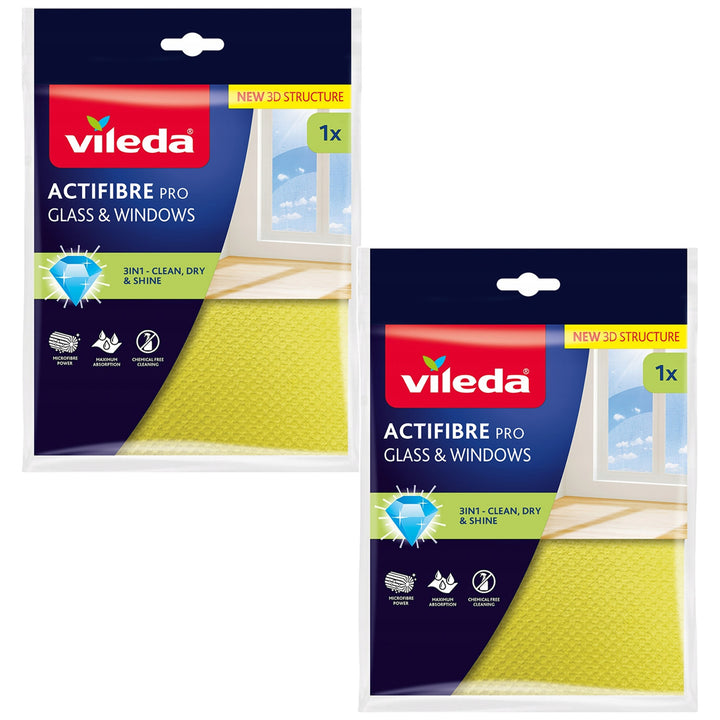 Panno Vileda Actifibre Pro per vetri e finestre, lavabile in lavatrice, rivestimento in PVA, senza aloni né macchie, pulisce solo con acqua, 183298, 2 pezzi
