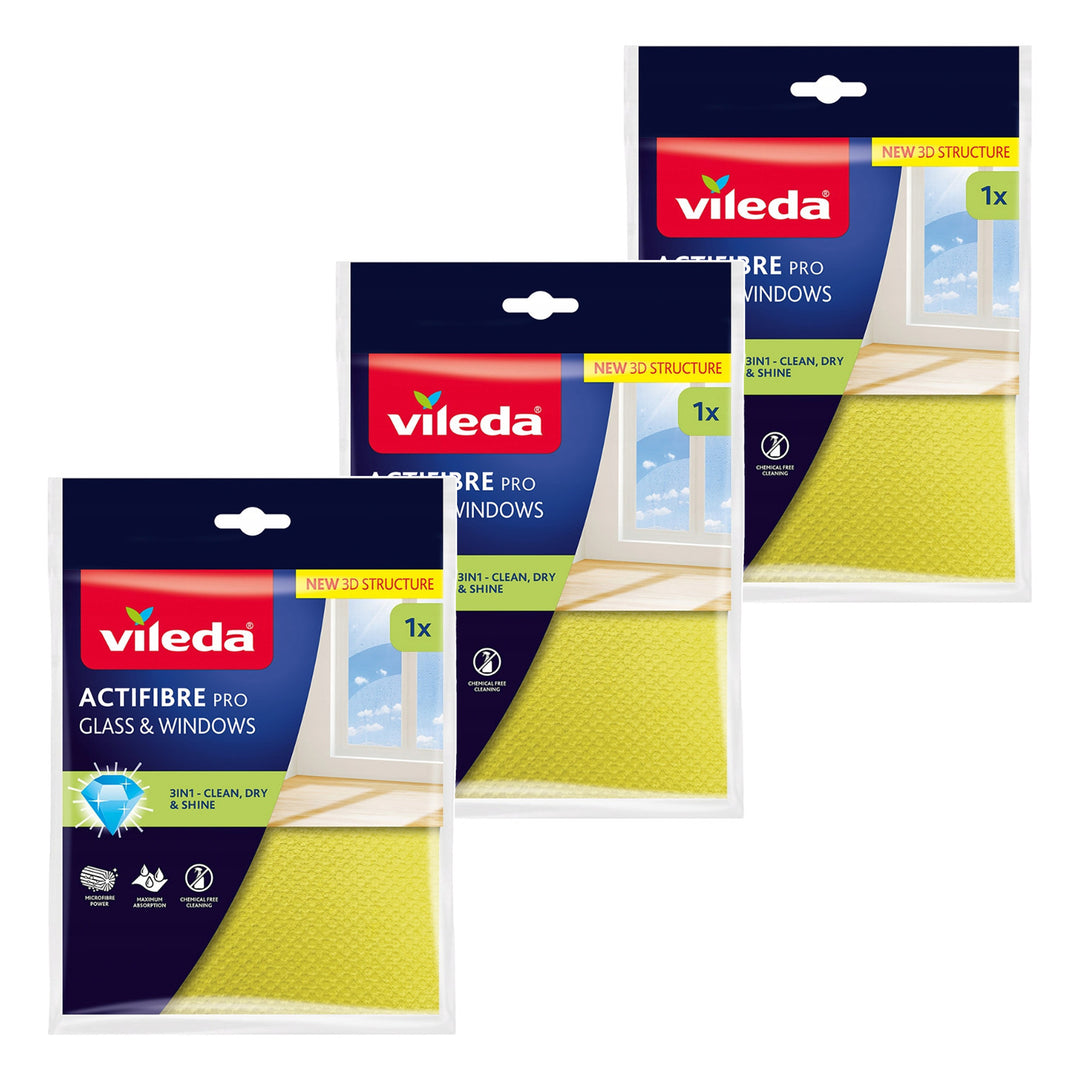 Panno Vileda Actifibre Pro per vetri e finestre, lavabile in lavatrice, rivestimento in PVA, senza aloni né macchie, pulisce solo con acqua, 183298, 3 pezzi