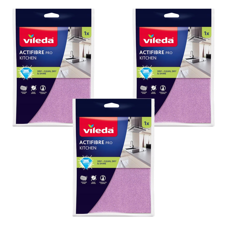 Panno da cucina Vileda Actifibre Pro, in microfibra, rivestimento in PVA, lavabile fino a 60 °C, 183303, 3 pezzi