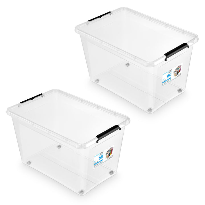 Contenitore Moxom SimpleStore, capacità 60 L, trasparente, coperchio con chiusura a clip, dotato di rotelle, privo di BPA, 04-0081, 2 pezzi