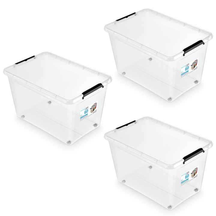 Contenitore Moxom SimpleStore, capacità 60 L, trasparente, coperchio con chiusura a clip, dotato di rotelle, senza BPA, 04-0081, 3 pezzi