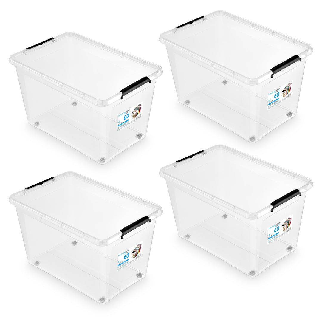 Contenitore Moxom SimpleStore, capacità 60 L, trasparente, coperchio a clip, dotato di rotelle, senza BPA, 04-0081, 4 pezzi
