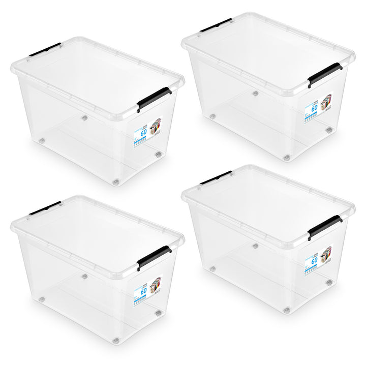 Contenitore Moxom SimpleStore, capacità 60 L, trasparente, coperchio a clip, dotato di rotelle, senza BPA, 04-0081, 4 pezzi