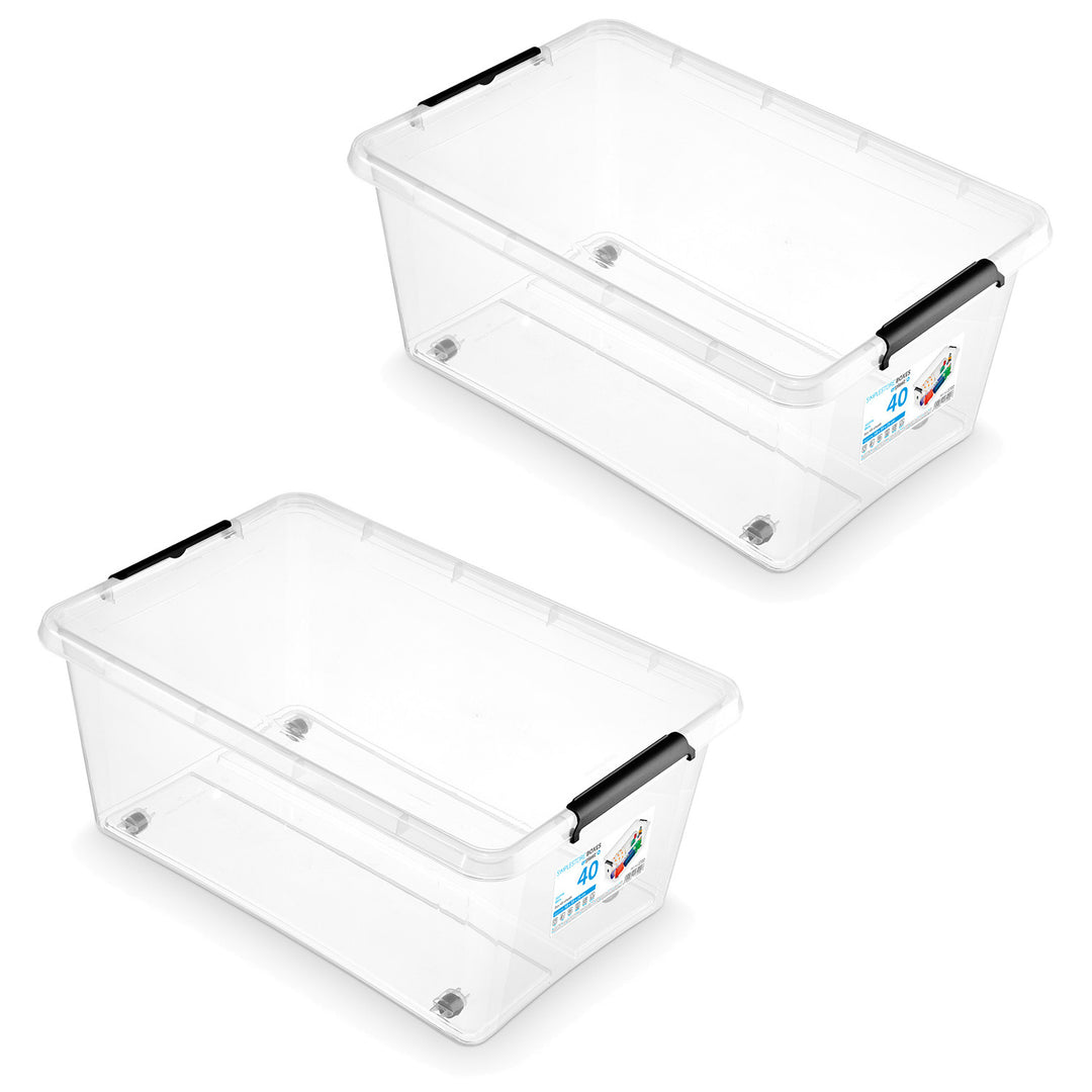 Contenitore Moxom SimpleStore, capacità 40 L, trasparente, coperchio con chiusura a clip, dotato di rotelle, senza BPA, 04-0076, 2 pezzi