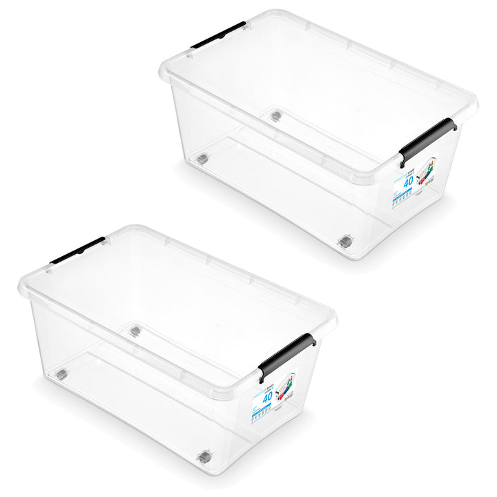 Contenitore Moxom SimpleStore, capacità 40 L, trasparente, coperchio con chiusura a clip, dotato di rotelle, senza BPA, 04-0076, 2 pezzi