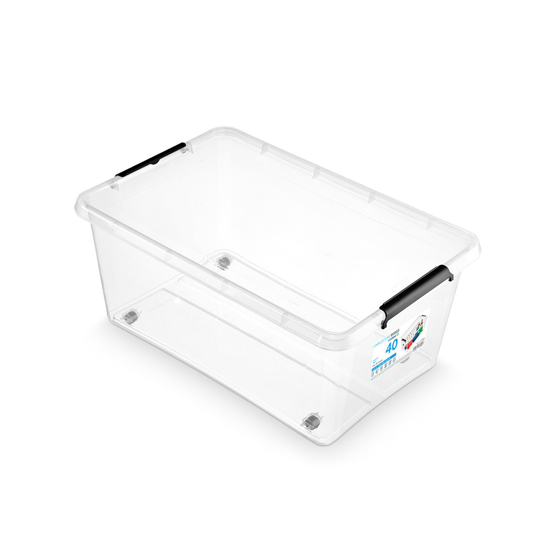 Contenitore Moxom SimpleStore, capacità 40 L, trasparente, coperchio con chiusura a clip, dotato di rotelle, senza BPA, 04-0076, 3 pezzi